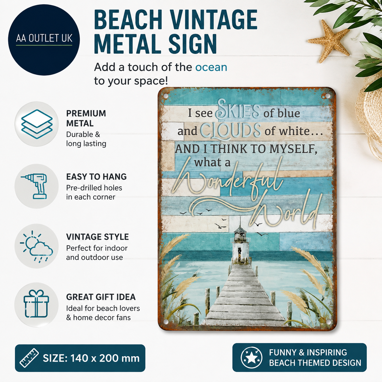 Daiercy Beach Wonderful World Blue Tin Signs Beach Ocean Vintage 140x200mm