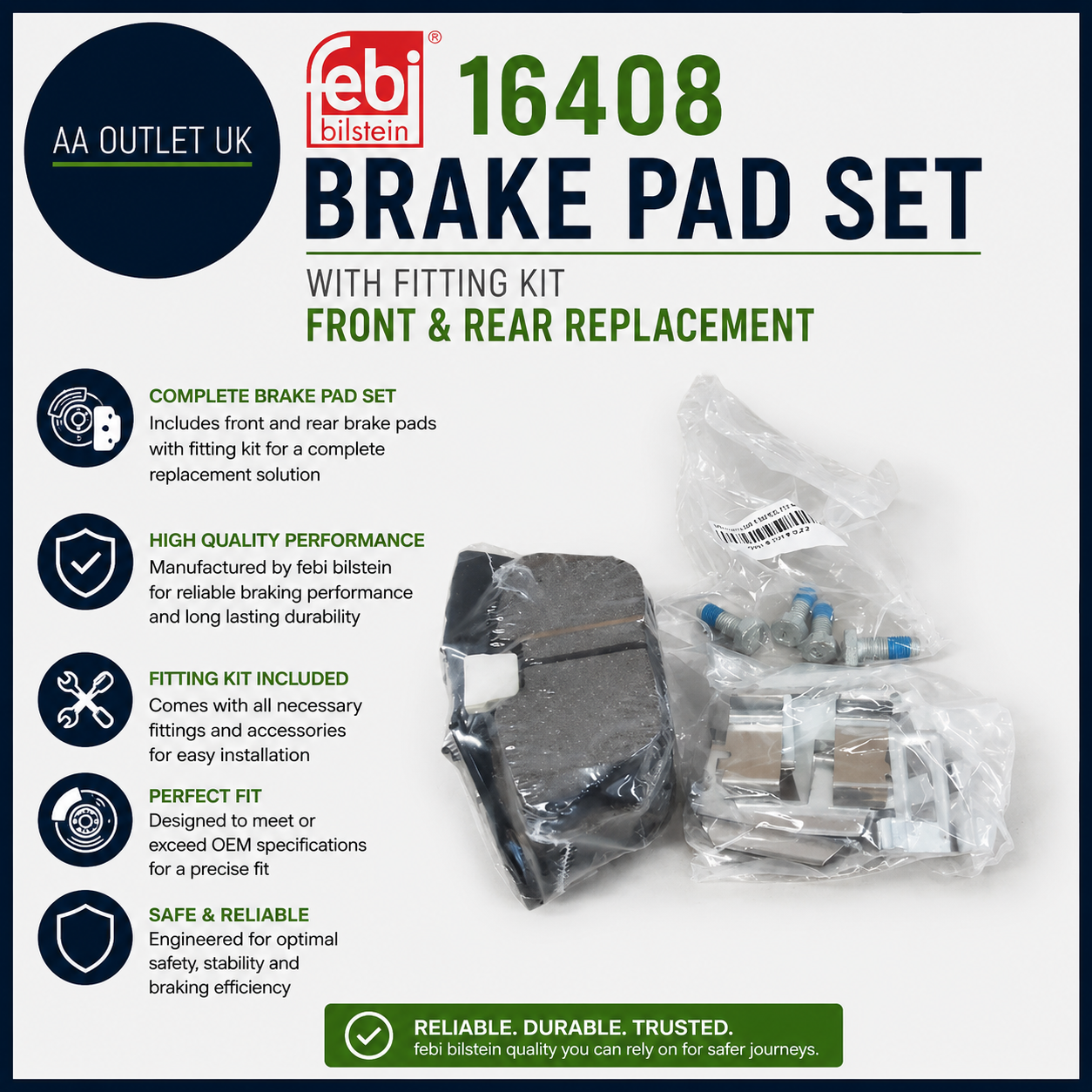 Febi Bilstein 16408 Brake Pad Set Fitting Kit Front Rear Replacement Design