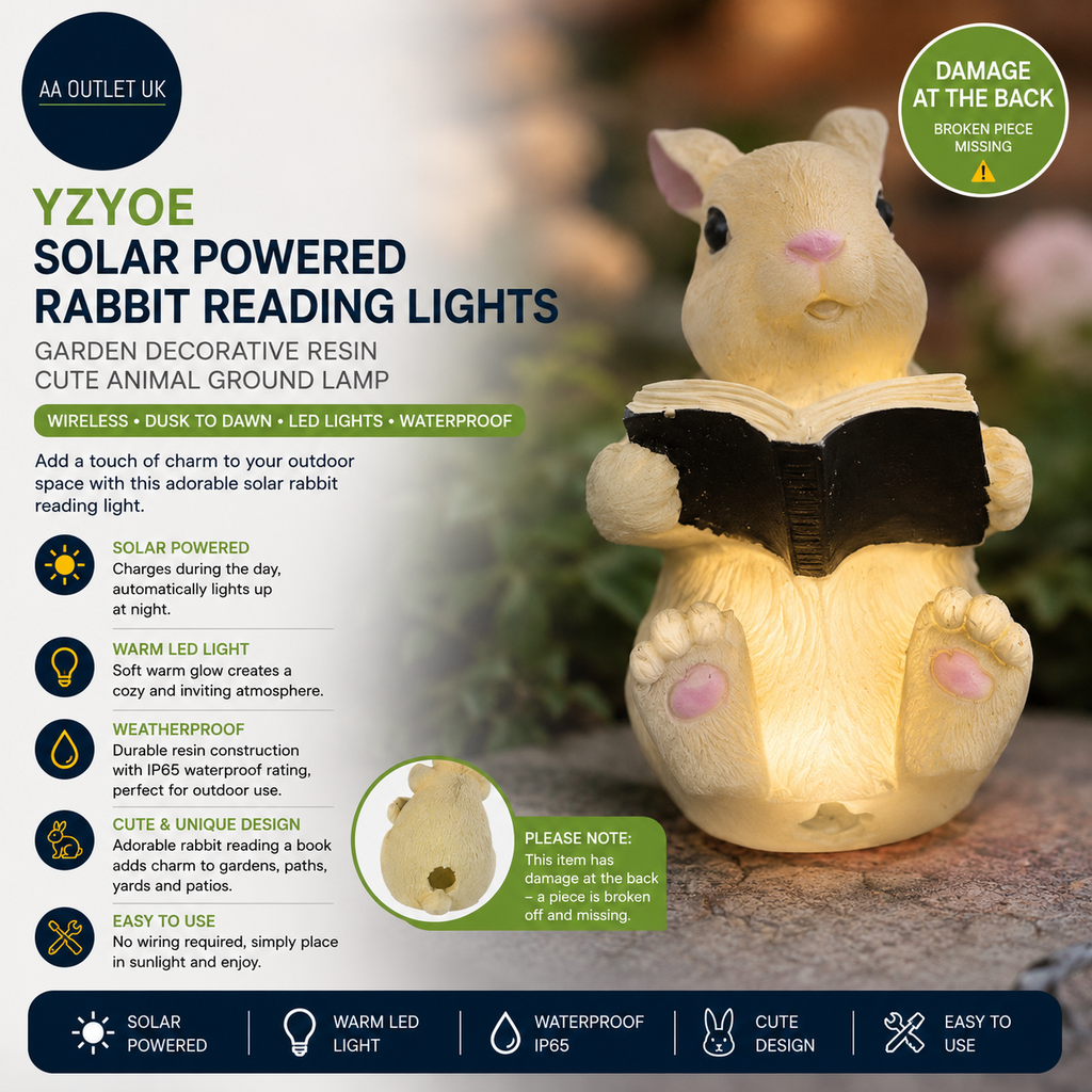 YZYOE Solar Powered Rabbit Reading Lights Garden Decorative Resin Cute Animal