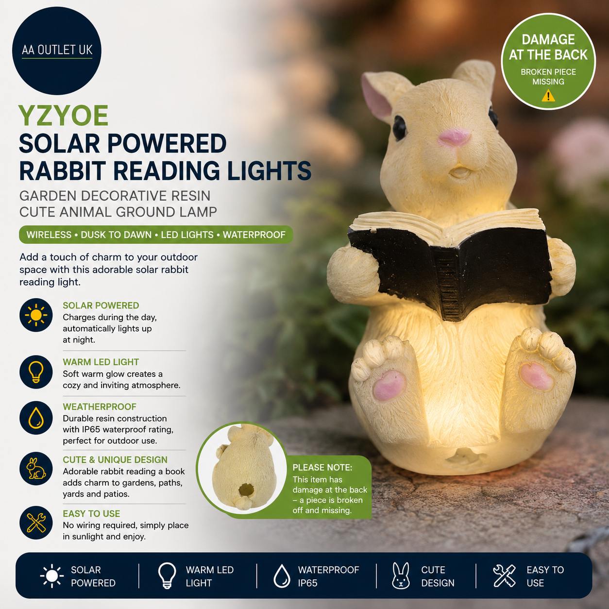 YZYOE Solar Powered Rabbit Reading Lights Garden Decorative Resin Cute Animal