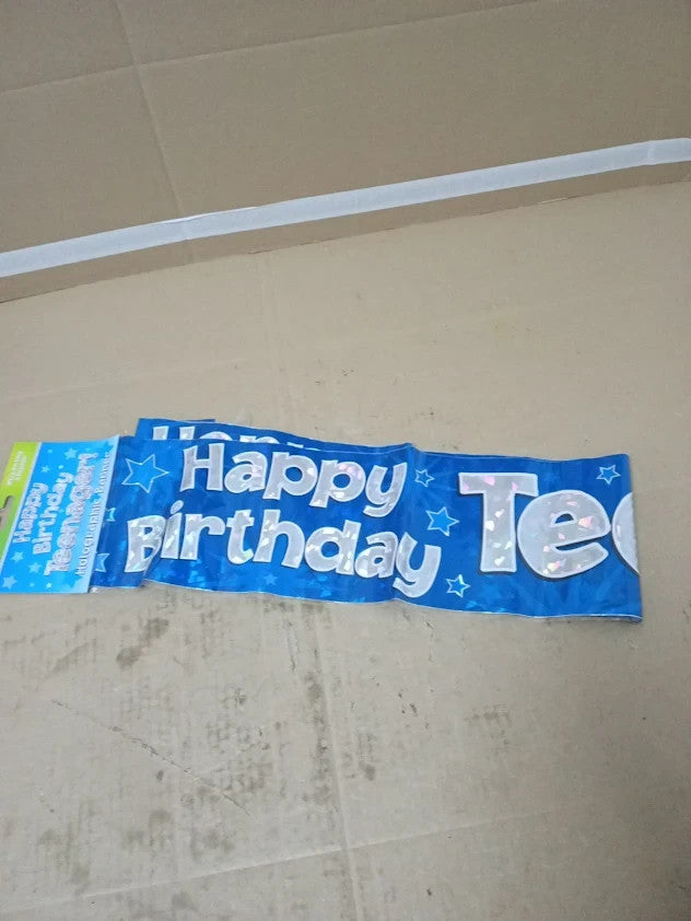 9ft Banner Happy Birthday Teenager Blue Foil Holographic 2.7X13Cm New