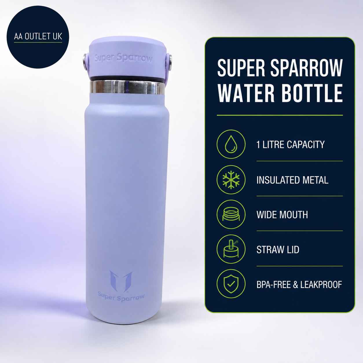 Sparrow Insulated Water Bottle 1L Wide Mouth Metal Bottles Swivel Sip Flask
