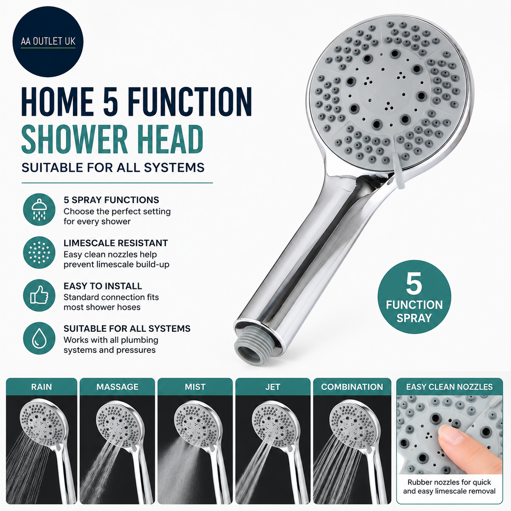 Home 5 Function Shower Head Chrome Easy clean Limescale Resistant 1 Pack