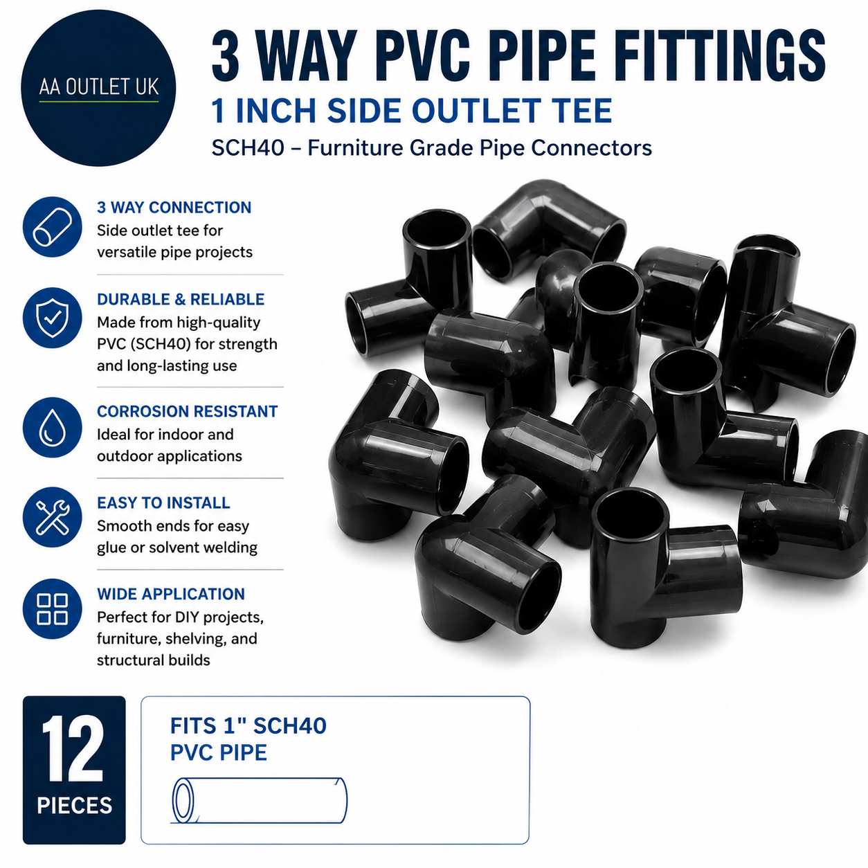 3 Way PVC Pipe Fittings 1in Zernmiarder Black PVC Elbow Corner Side Outlet 12pc