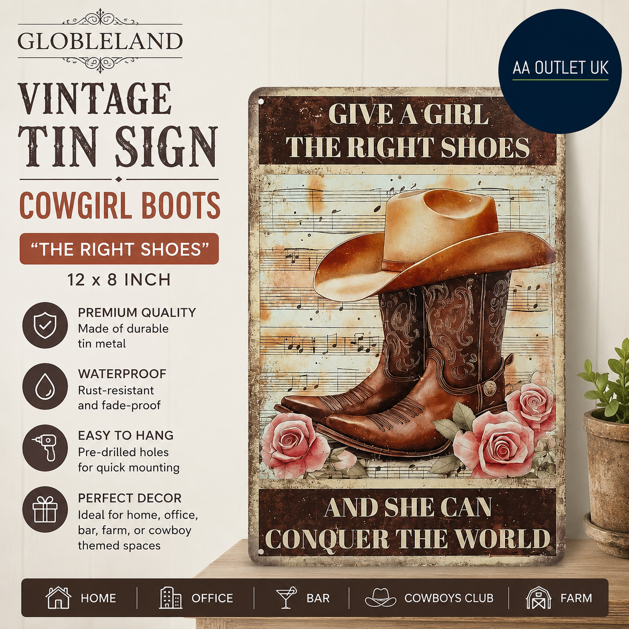 Globeland Vintage Flowers Cowgirl Boots Metal Tin Sign "THE RIGHT SHOES" 12x8in