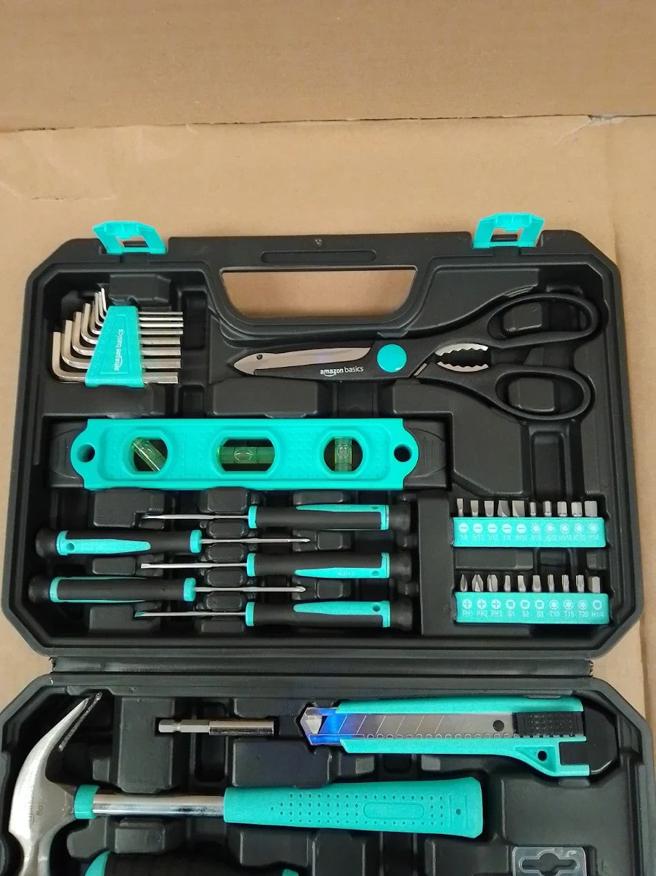 Amazon Basics Tool Kit Storage Case 142 Piece Household Tool Set DIY Turquoise