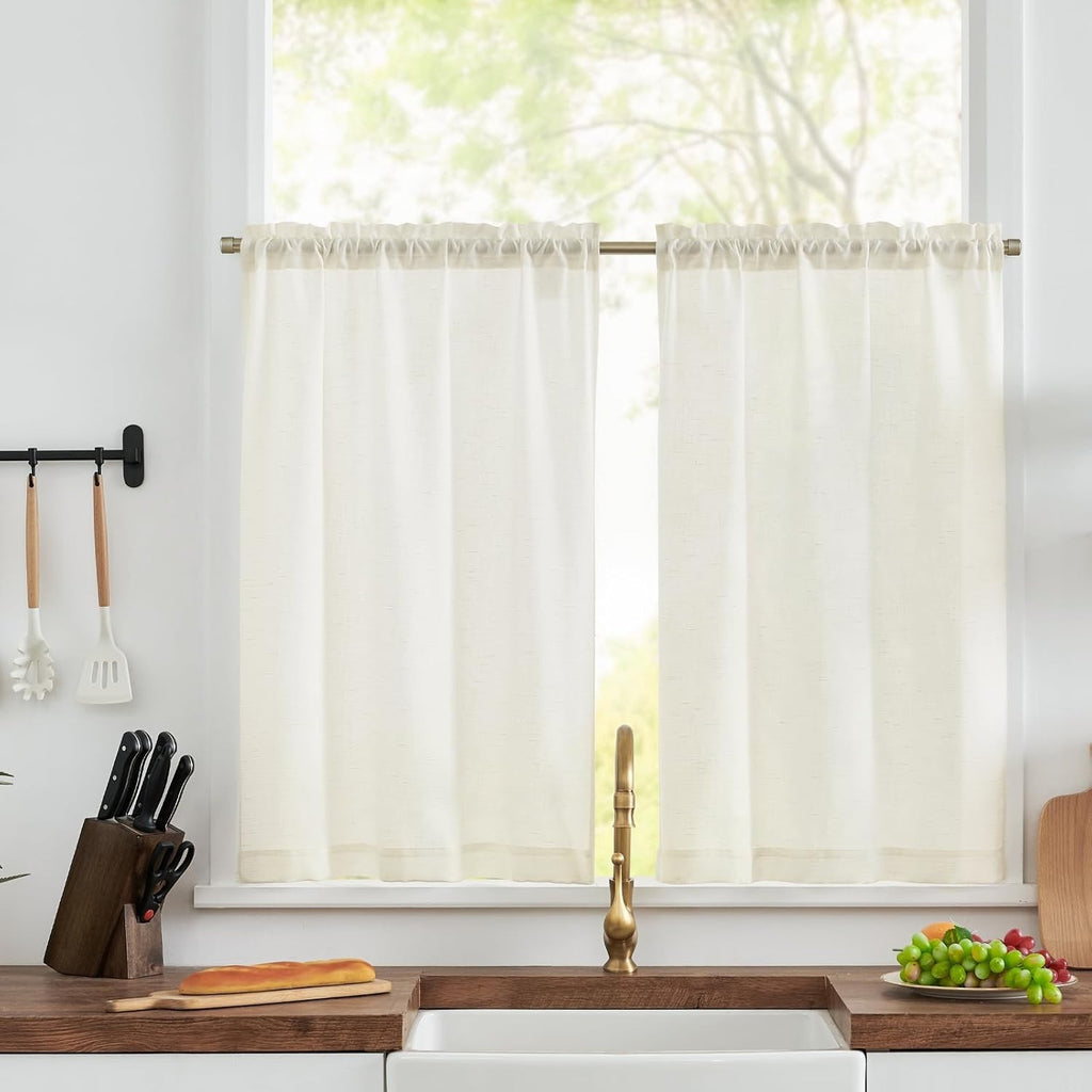 Topick Linen Curtains White 36in Drop Cafe Style Half Flax Solid Pattern New