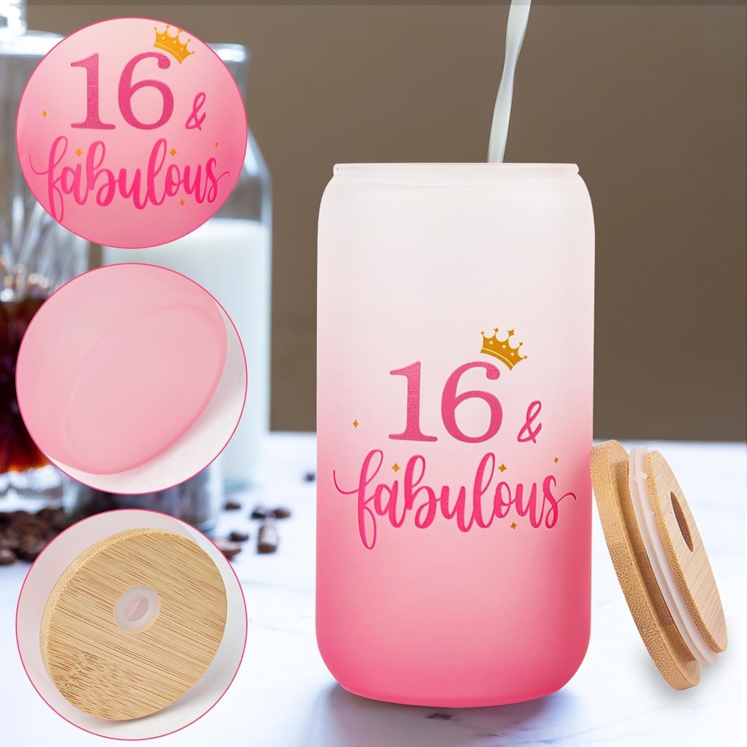 Nwvuop 16th Birthday Gift For Girls Glass Cup 16oz Stylish Printed Design New