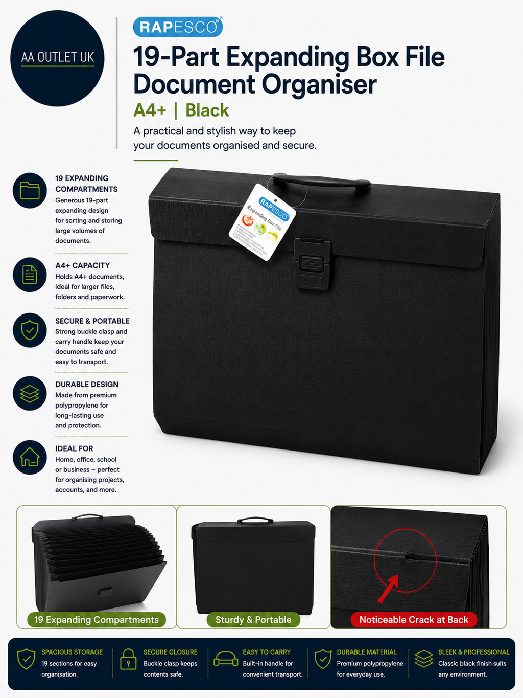 Rapesco 1555 19 Part Expanding Box File Document Organiser A4+ Black