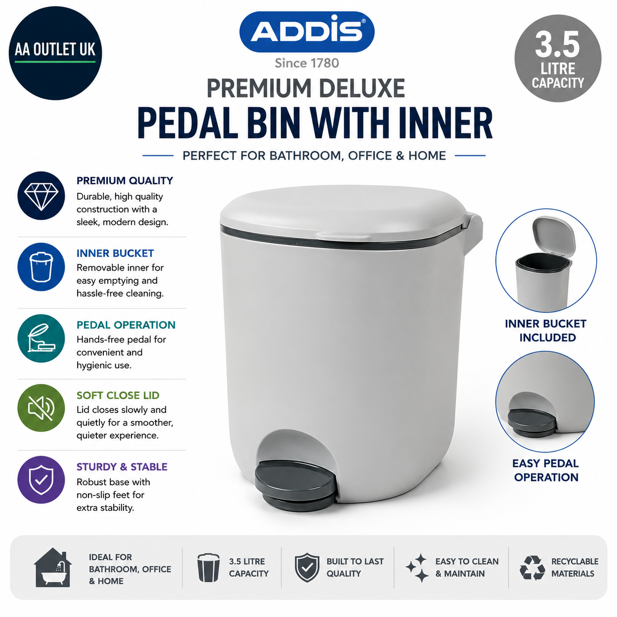 Addis Premium Deluxe Bathroom Office Pedal Bin Inner 3.5L Light Charcoal Grey
