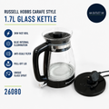 Russell Hobbs Carafe Style 1.7L Cordless Electric Glass Kettle 3kw Black Handle