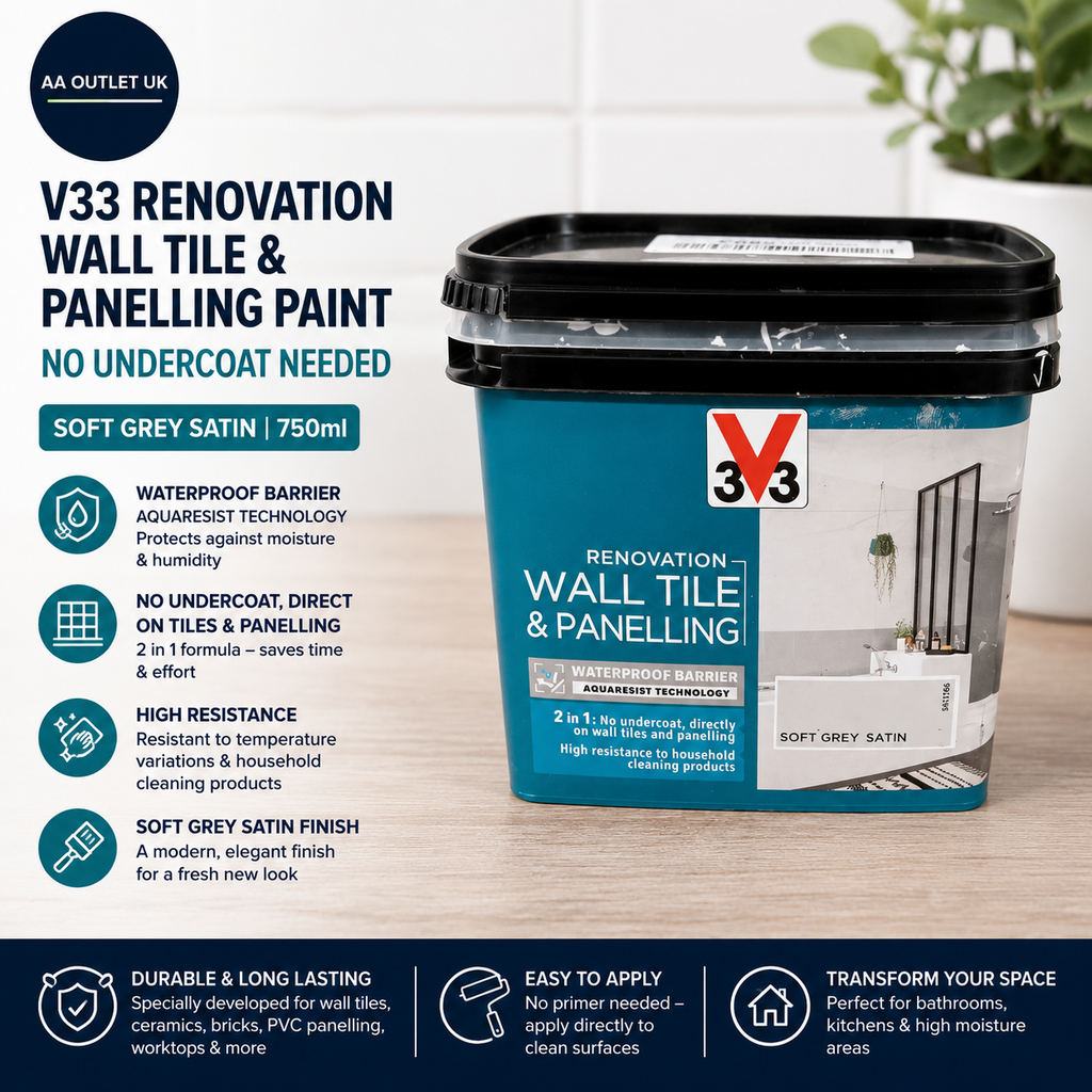 V33 Renovation Wall Tile Panelling Paint No Undercoat Soft Grey Satin 750ml