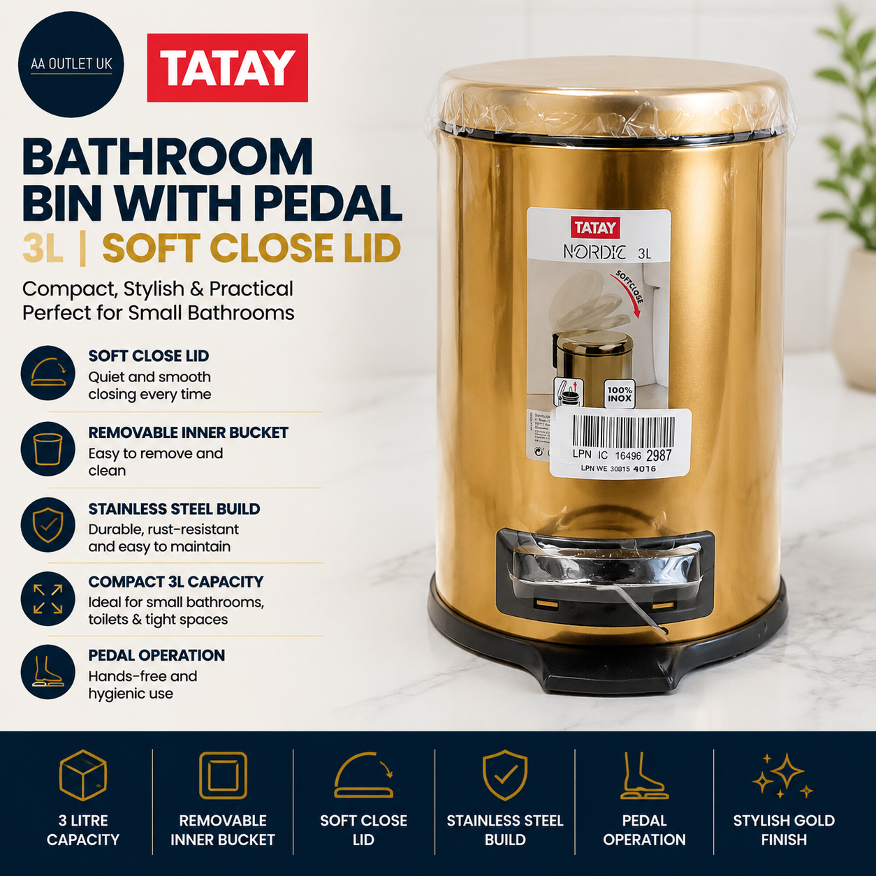 TATAY Bathroom Bin Pedal 3L Soft Close Lid Compact Removable Bucket Gold