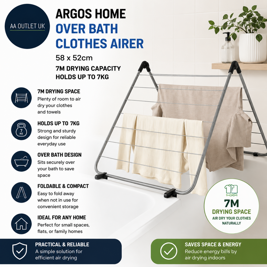 Argos Home 7m Over Bath Clothes Airer 58x52cm Drying Capacity 7kg