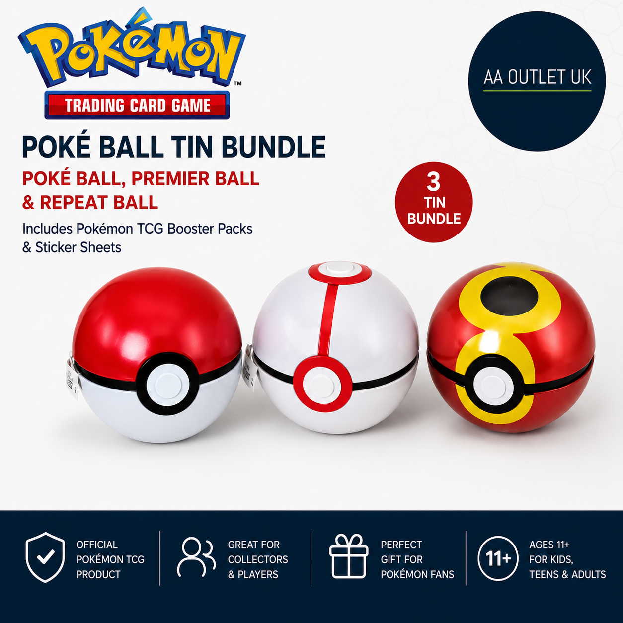 Pokemon TCG Poke Ball Tin Bundle Premier Repeat Booster Packs Sticker Sheet