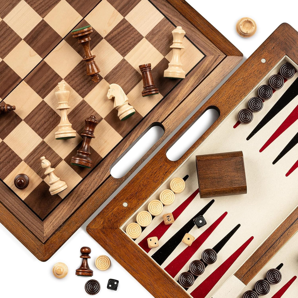 Lingle 15.5in Deluxe Solid Wood 3 In 1 Game Set Portable Chess Backgammon New