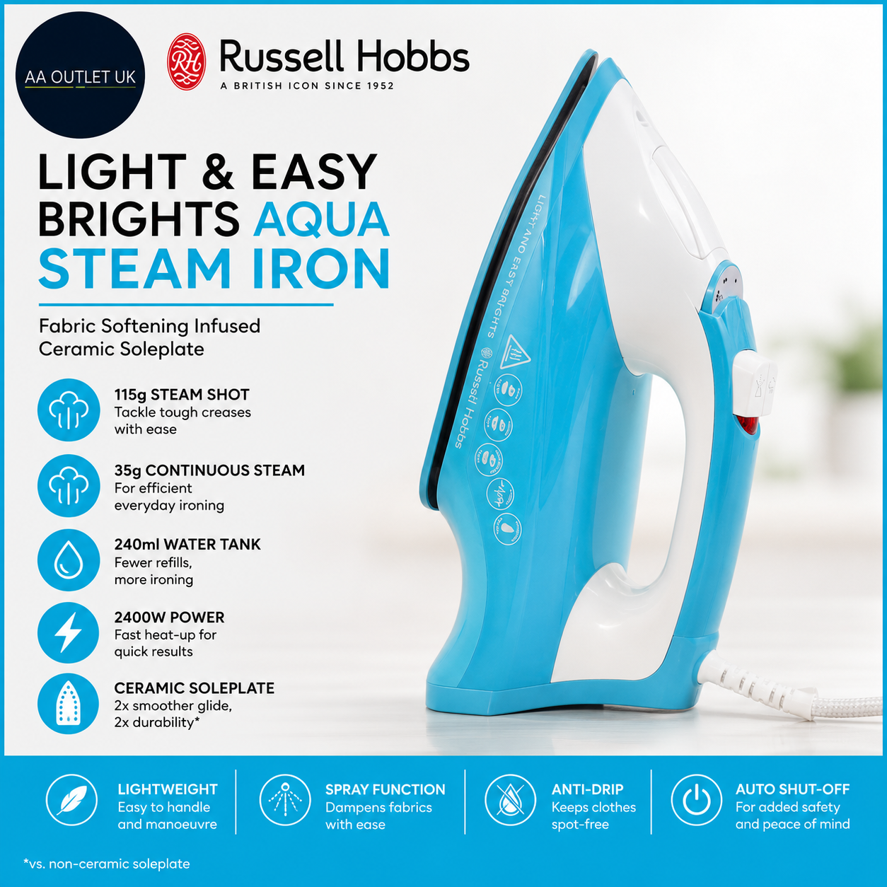 Russell Hobbs Light & Easy Brights Aqua Steam Iron 2400W 240ml Water Tank 26482