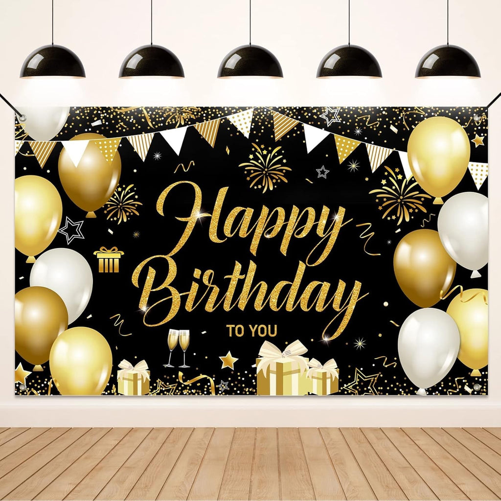 Koliphy Happy Bithday Banner Decorations Black Gold Backdrop 70.8x40.3in New