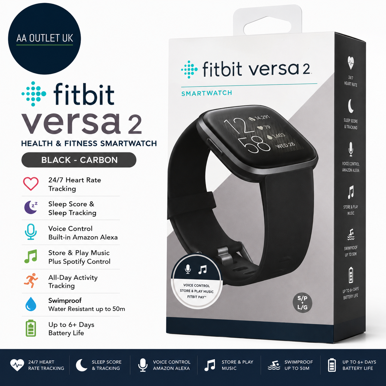 Fitbit Versa 2 Health Fitness Smartwatch Voice Control Sleep Music Swim Track