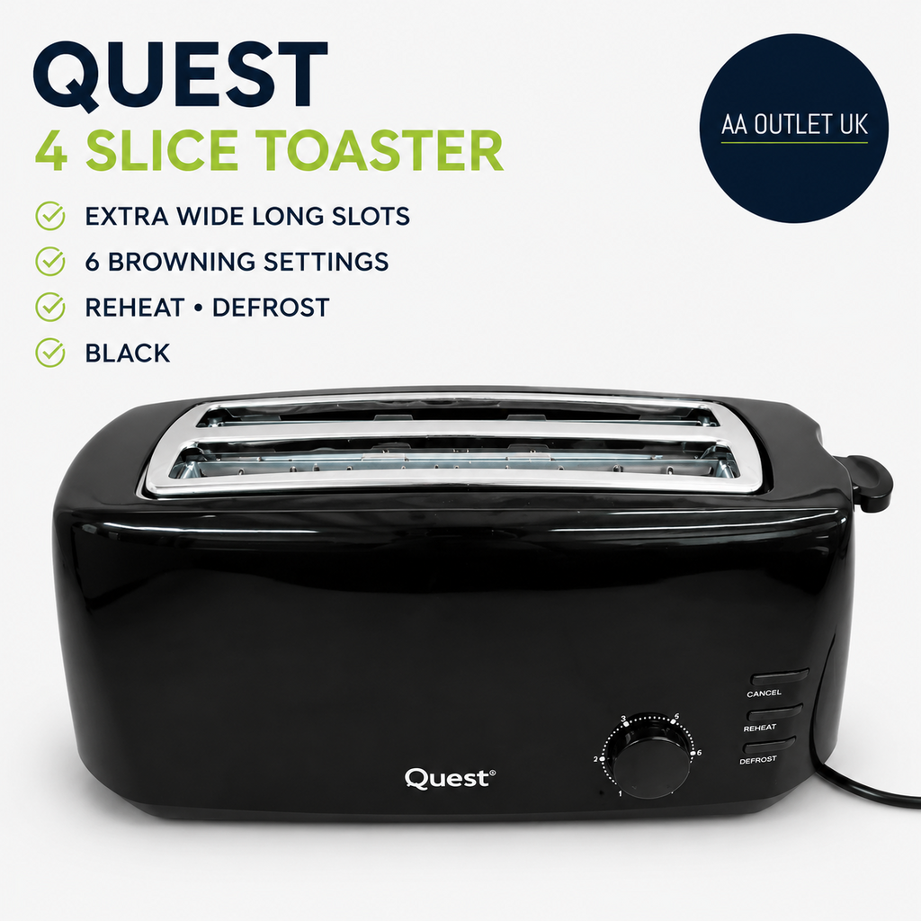 Quest 4 Slice Toaster Black Extra Wide Long Slots Crumpets And Bagels 1400w