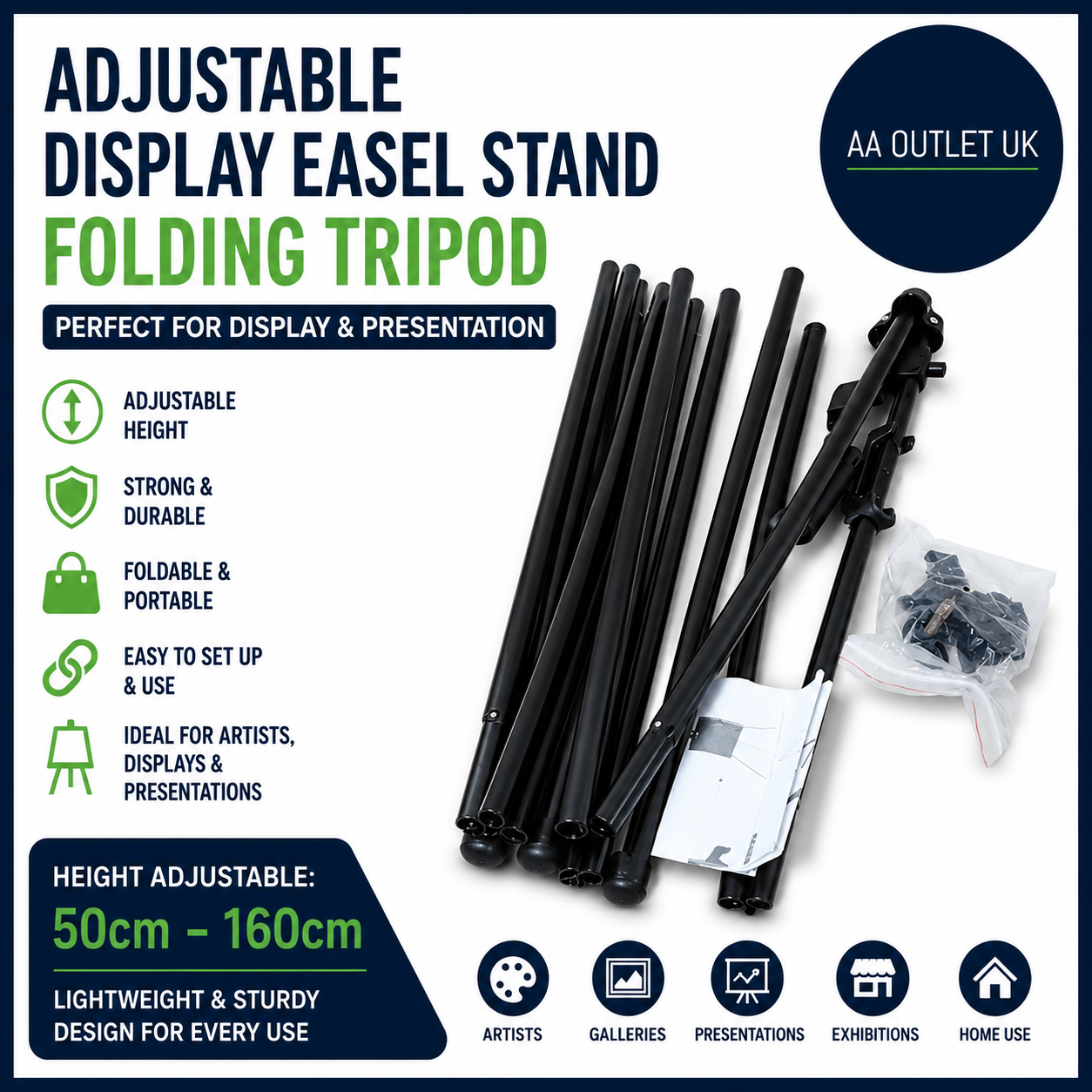 ASelected 160cm Adjustable Display Easel Stand Folding Tripod Black Metal Art