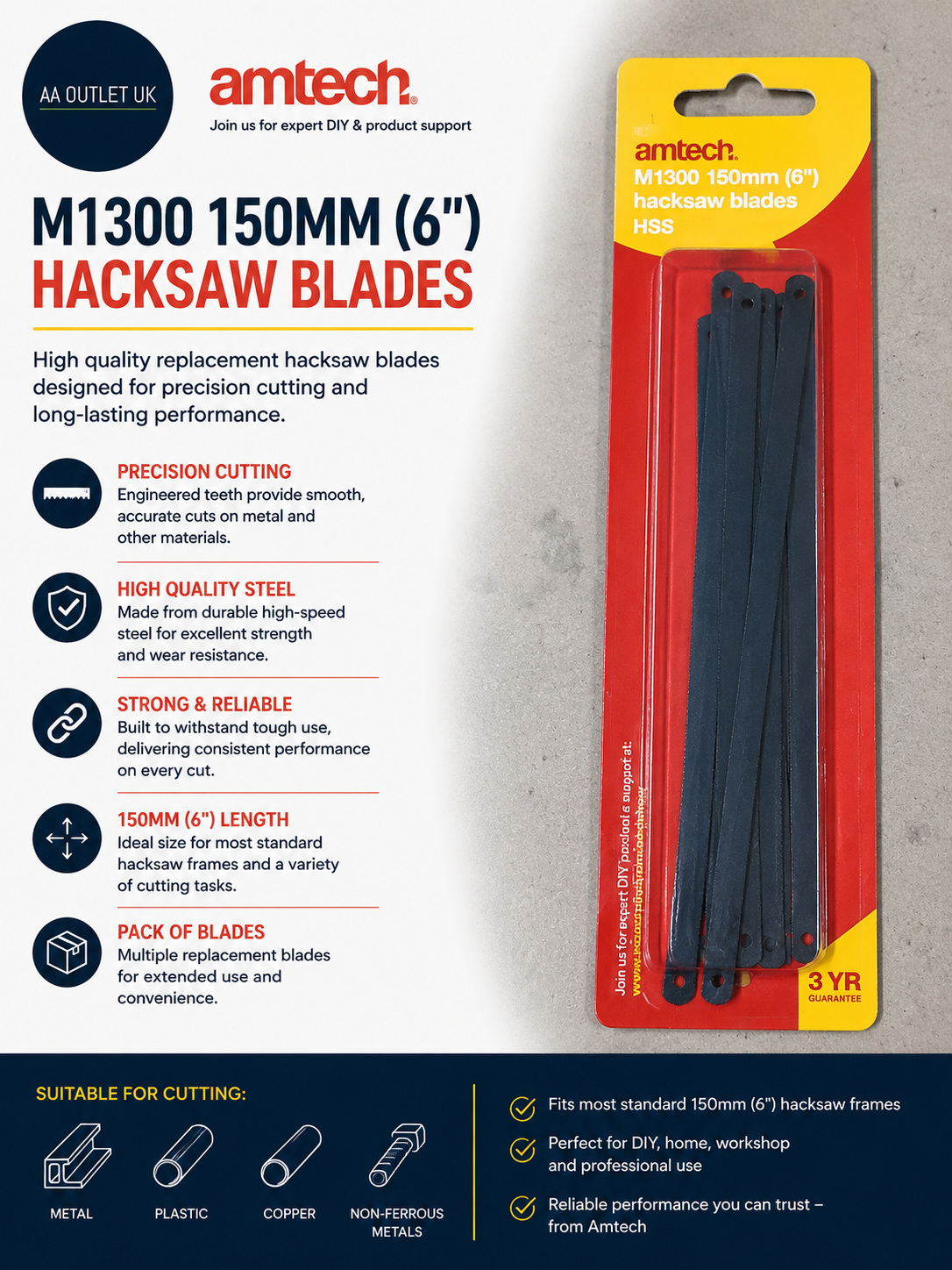 Amtech M1300 150mm 6in Hacksaw Blades Carbon Steel Accurate Cutting