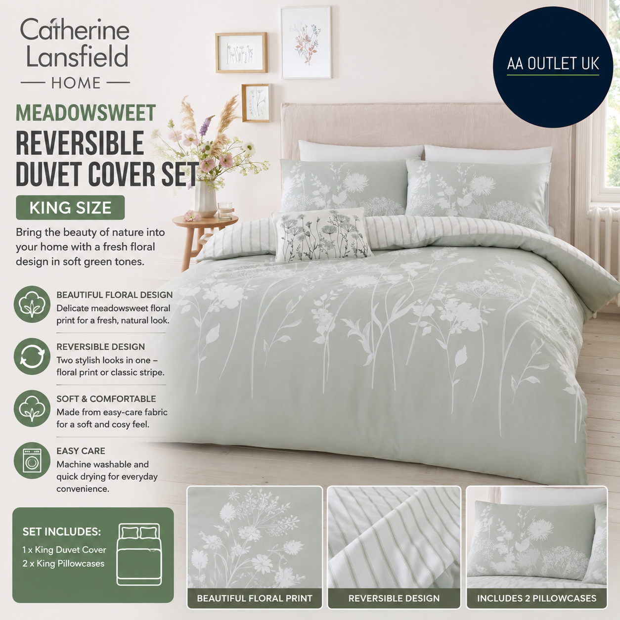 Catherine Lansfield Meadowsweet Floral Reversible Duvet Cover Set King Size