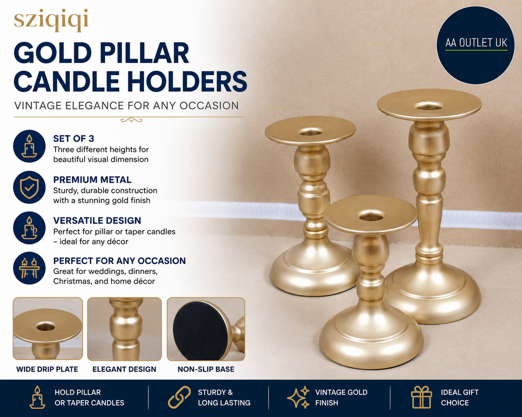 Sziqiqi Gold Pillar Candle Holders Vintage Candlestick 3 Set Of Metal Dinner