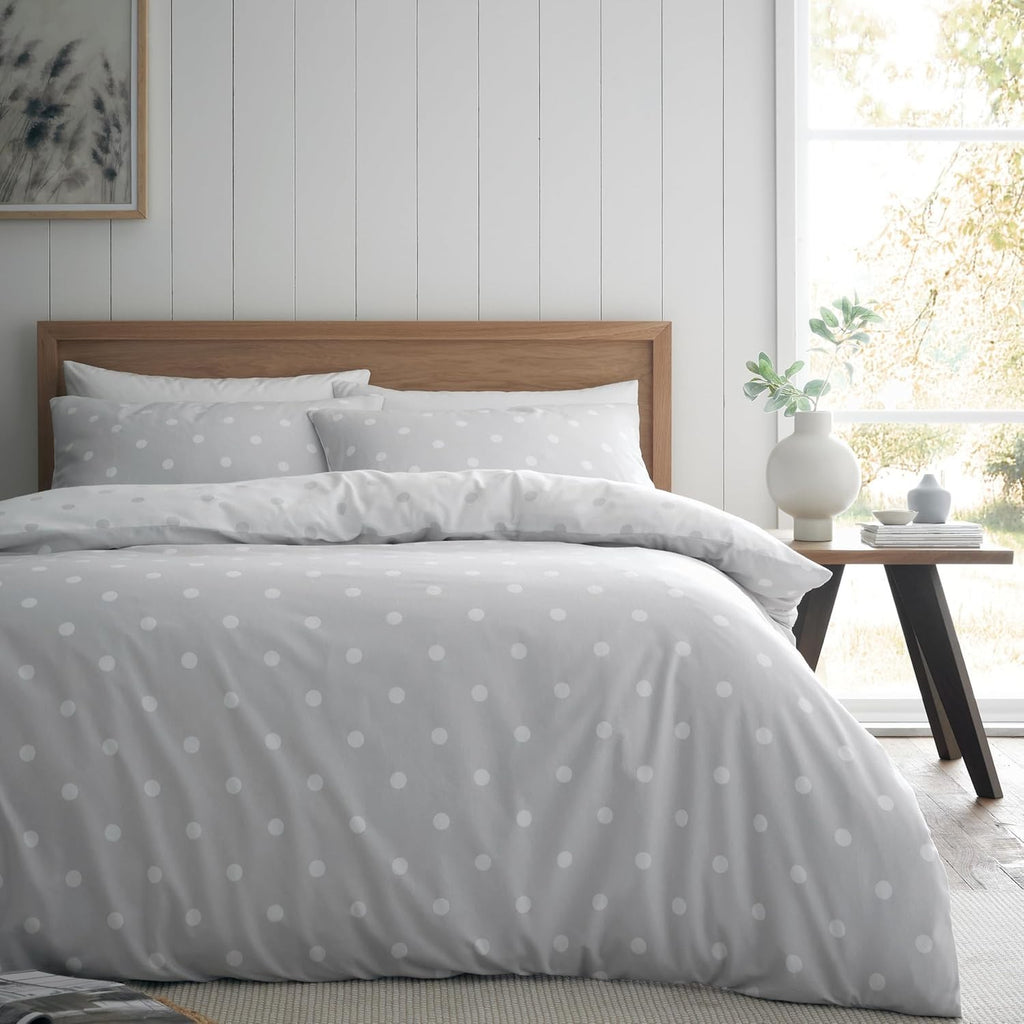 Catherine Lansfield Brushed Polka Dot Cotton Reversible King Duvet Grey New