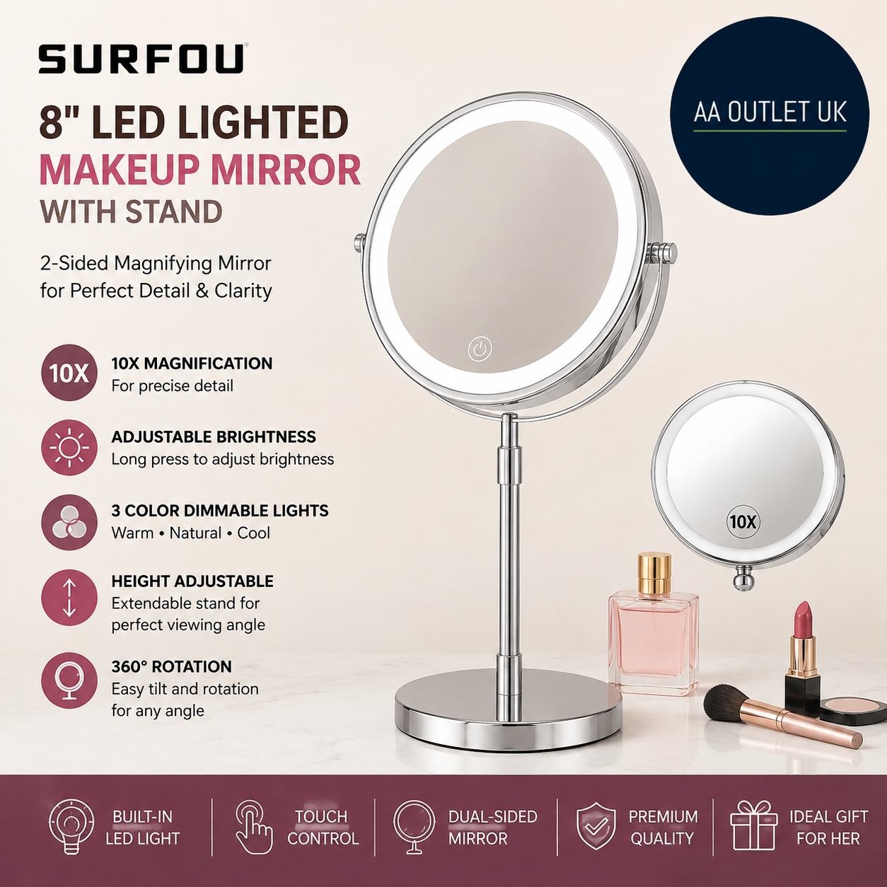 Surfou 8 Makeup Mirror With LED Lights Stand 10x Lighted 36x36cm Silver