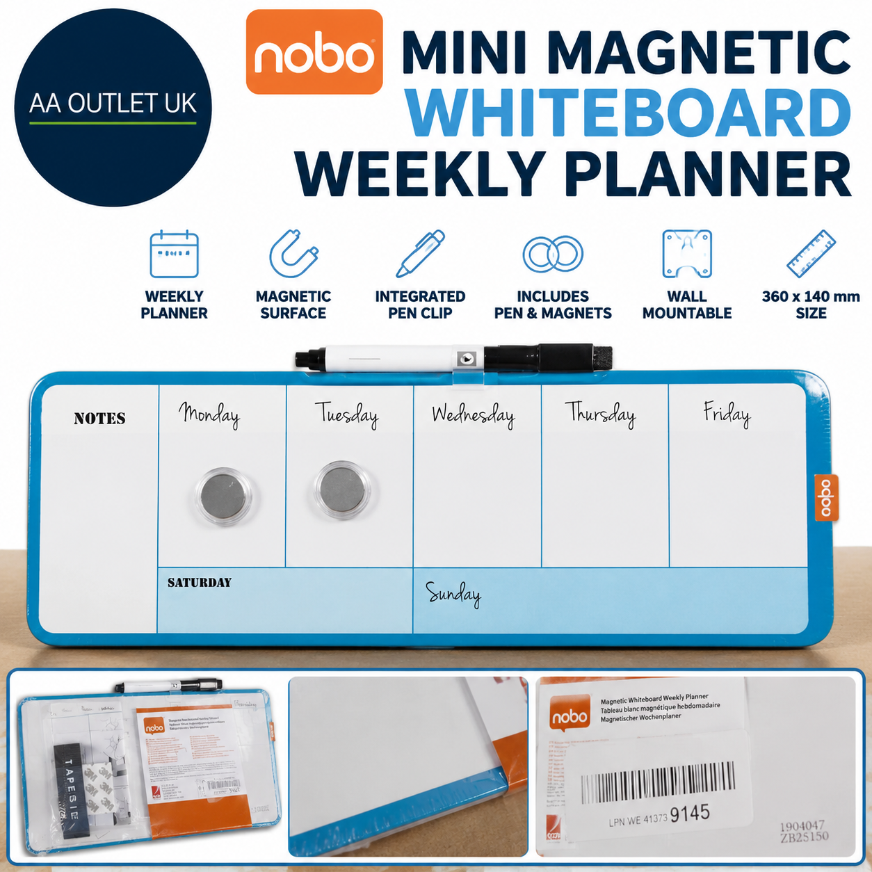 Nobo Mini Magnetic Whiteboard Weekly Planner Dry Wipe Mountable 360x140mm