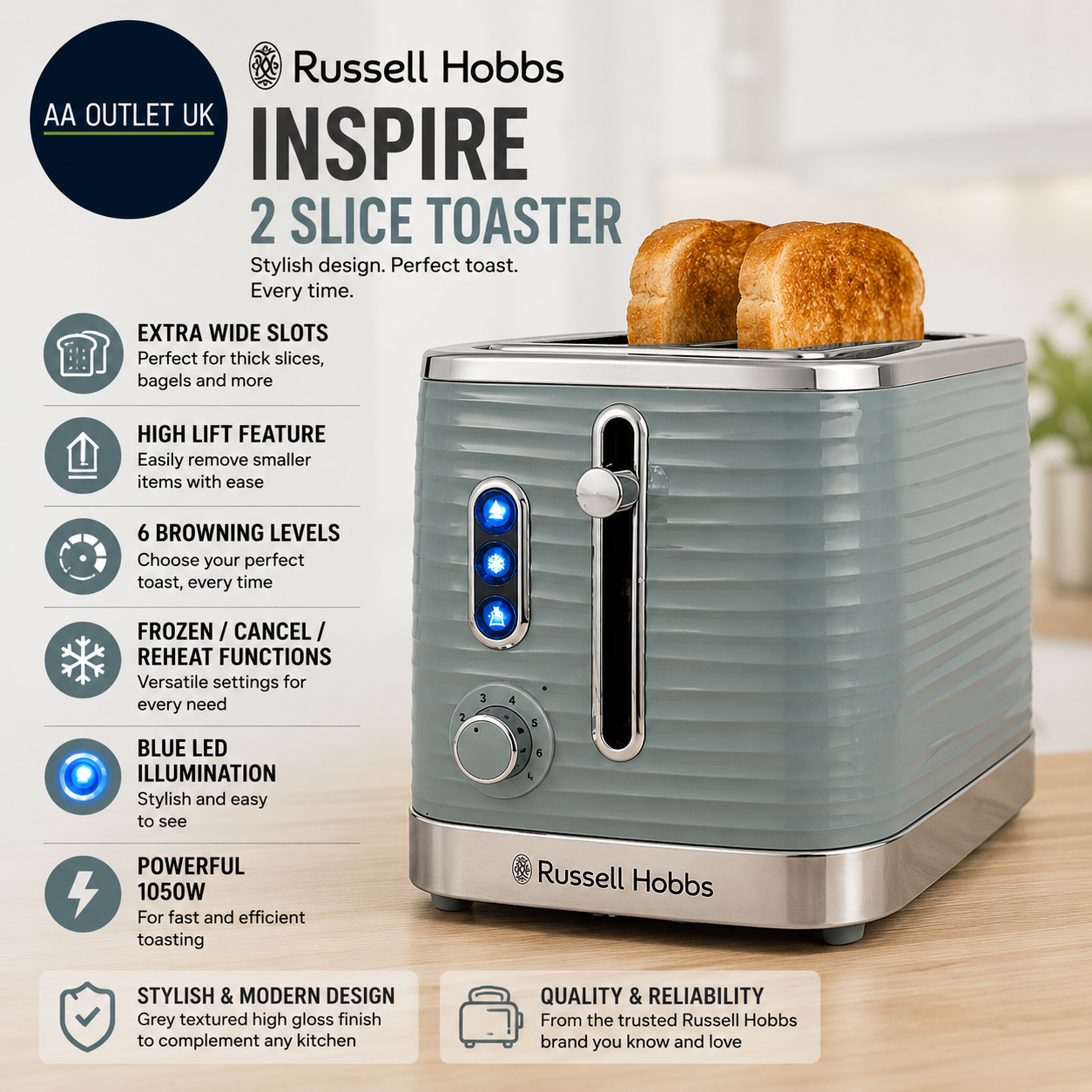 Russell Hobbs 24373 Inspire 2 Slice Toaster 6 Levels Frozen Cancel Reheat 1050W