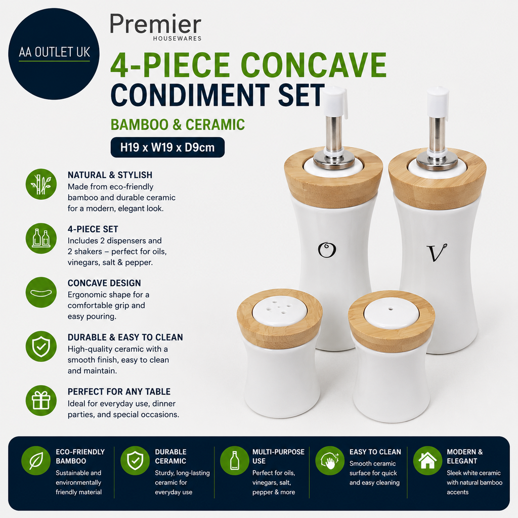 Premier Housewares 1103947 4pcs Bamboo Ceramic Concave Condiment Set White New