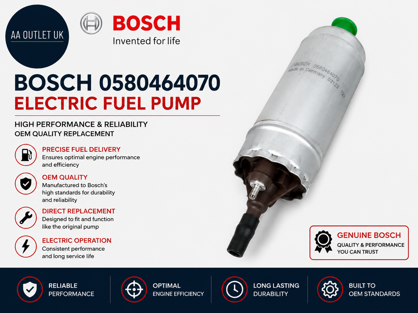 Bosch 0580464070 Electric Fuel Pump 6x6x3in Spear Tip Material