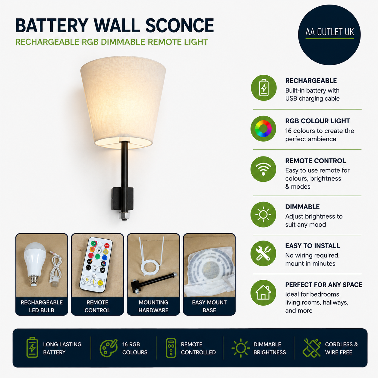 Battery Wall Sconces Rechargeable RGB Dimmable Remote Lights Modern Design