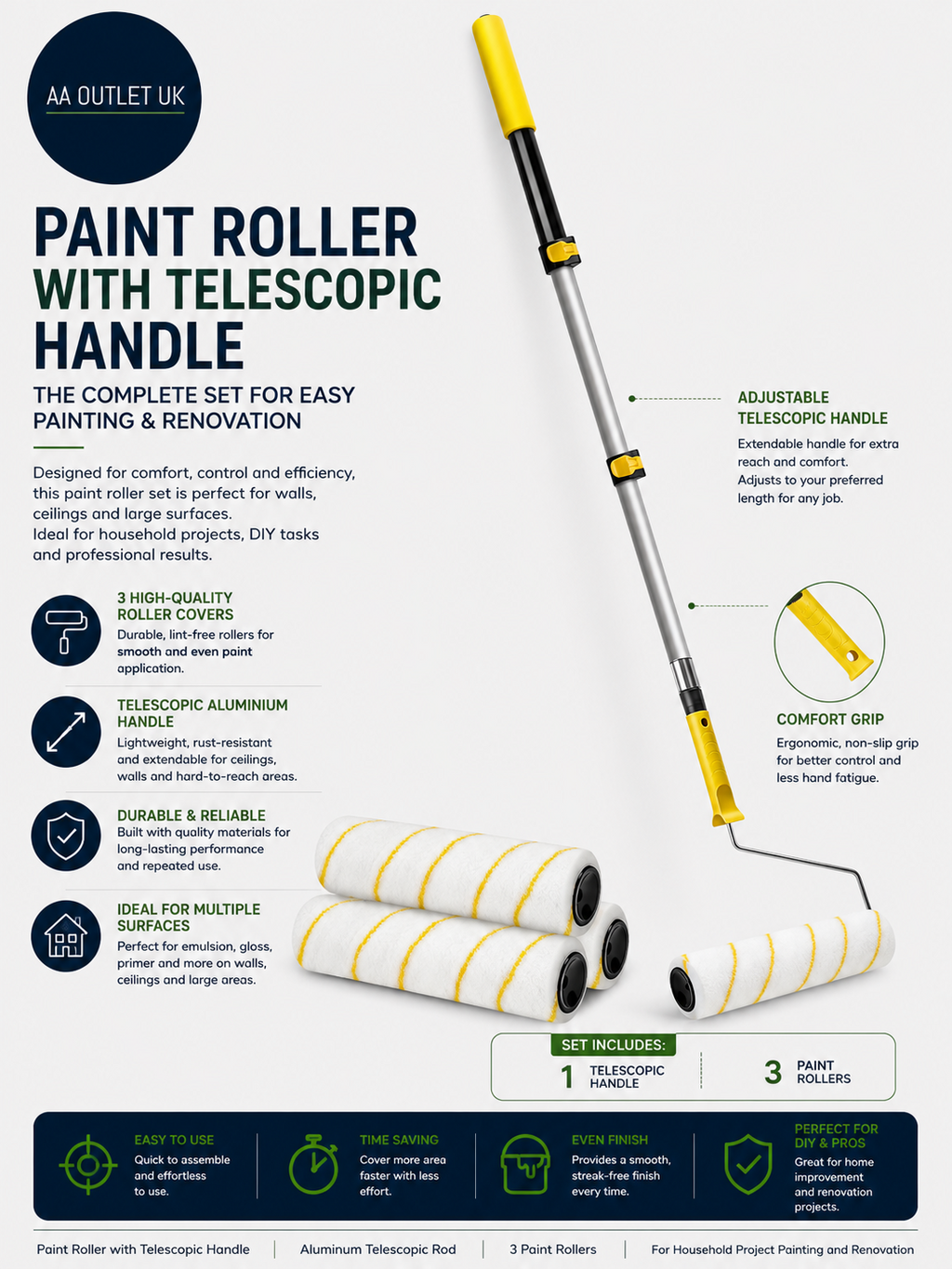 Paint Roller Telescopic Handle Aluminum Telescopic Rod 3 Paint Rollers Household