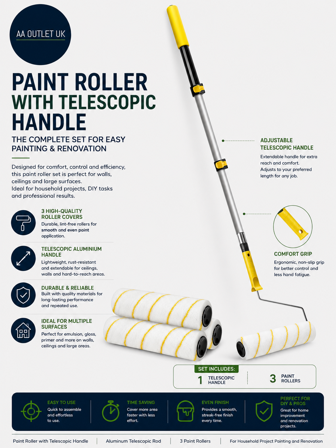 Paint Roller Telescopic Handle Aluminum Telescopic Rod 3 Paint Rollers Household