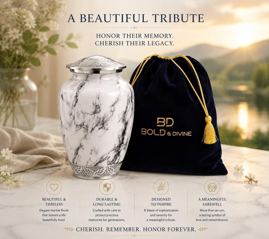 Bold Divine White Marble Finish Cremation Urn Recycled Aluminium Adult New