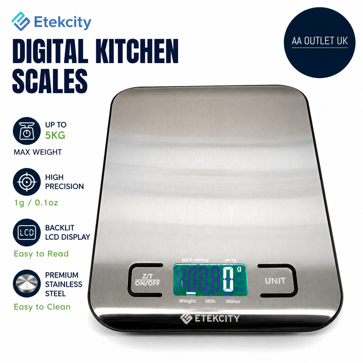 Etekcity Digital Kitchen Scales Professional Food Weighing LCD 1g To 5kg Silver
