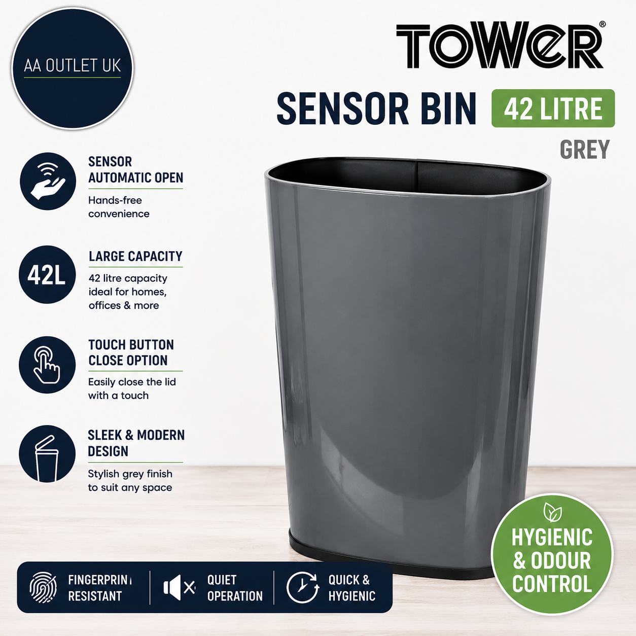 Tower 42 Litre Sensor Kitchen Bin Made From Steel 62x34x25cm Grey