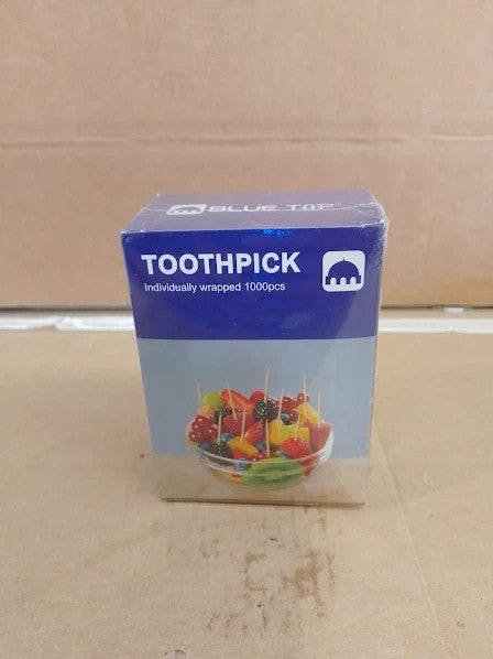 Blue Top Wood Bamboo Individually Cello Wrapped Toothpicks 2.5in Pack 1000 New