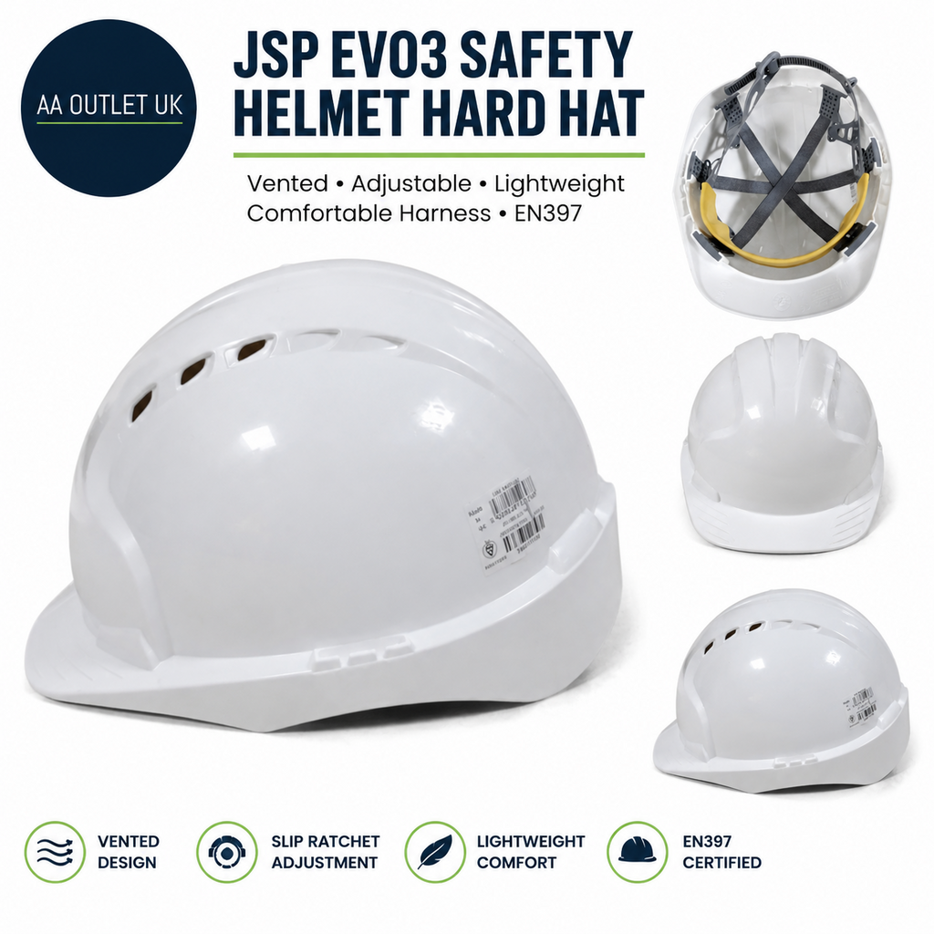 JSP EVO3 Safety Helmet Hard Hat Vented White Slip Ratchet Adjustment EN397