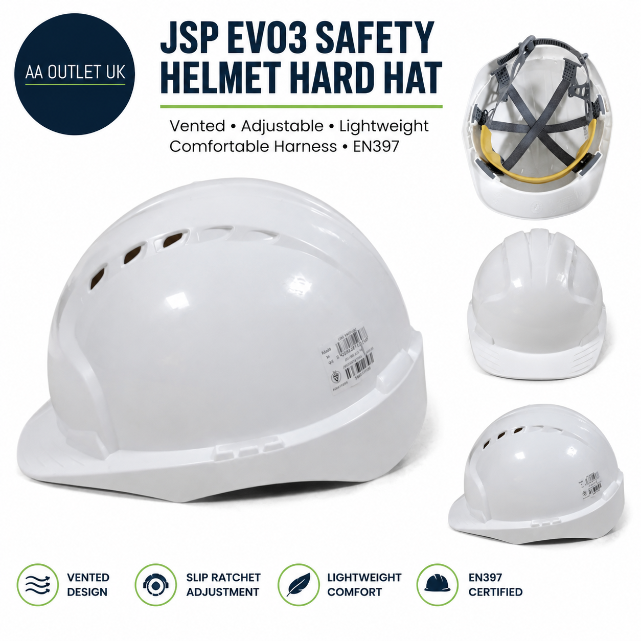 JSP EVO3 Safety Helmet Hard Hat Vented White Slip Ratchet Adjustment EN397