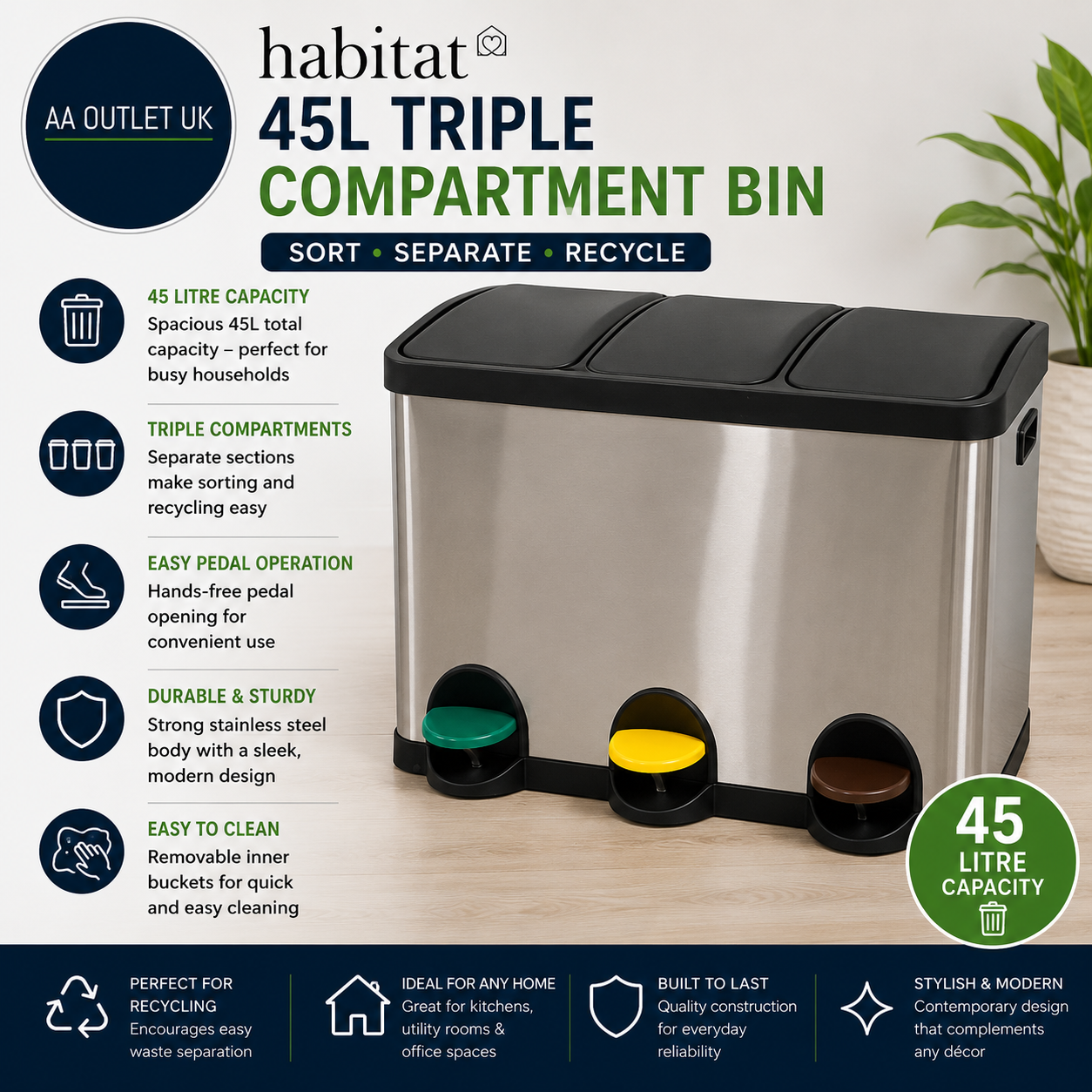 Habitat 45 Litre Triple Compartment Recycling Bin Stainless Steel 48.5x60x37cm