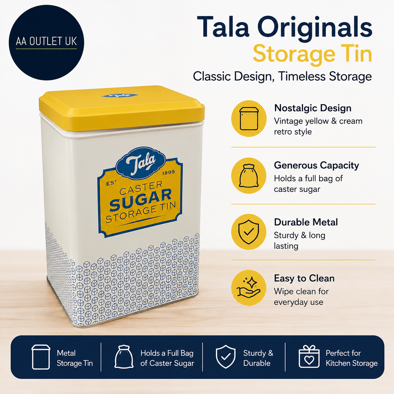 Tala Originals Storage Tin Metal Yellow Cream Nostalgic Design Holds Full Bag