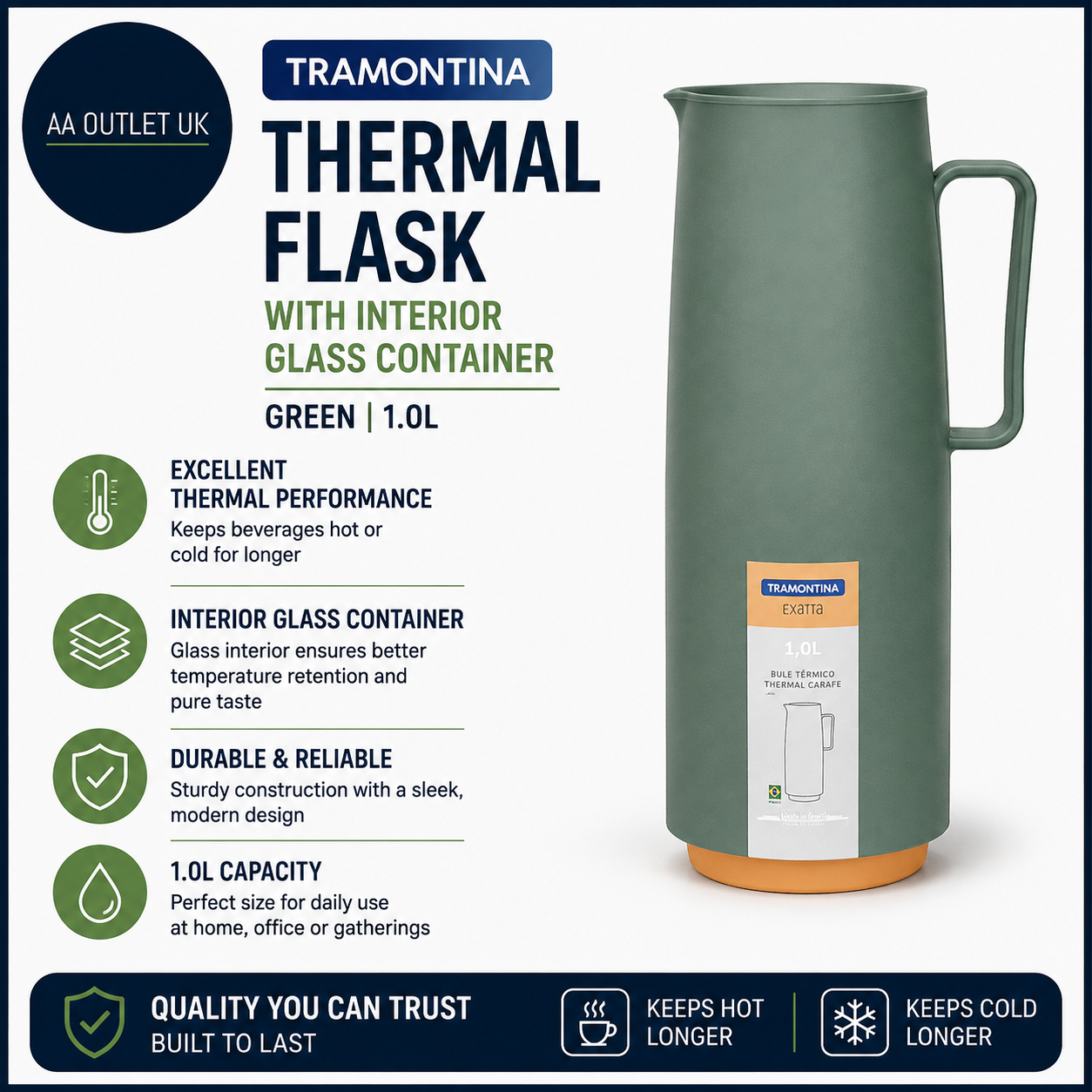 Tramontina Thermal Flask Interior Glass Container Green 1.0L