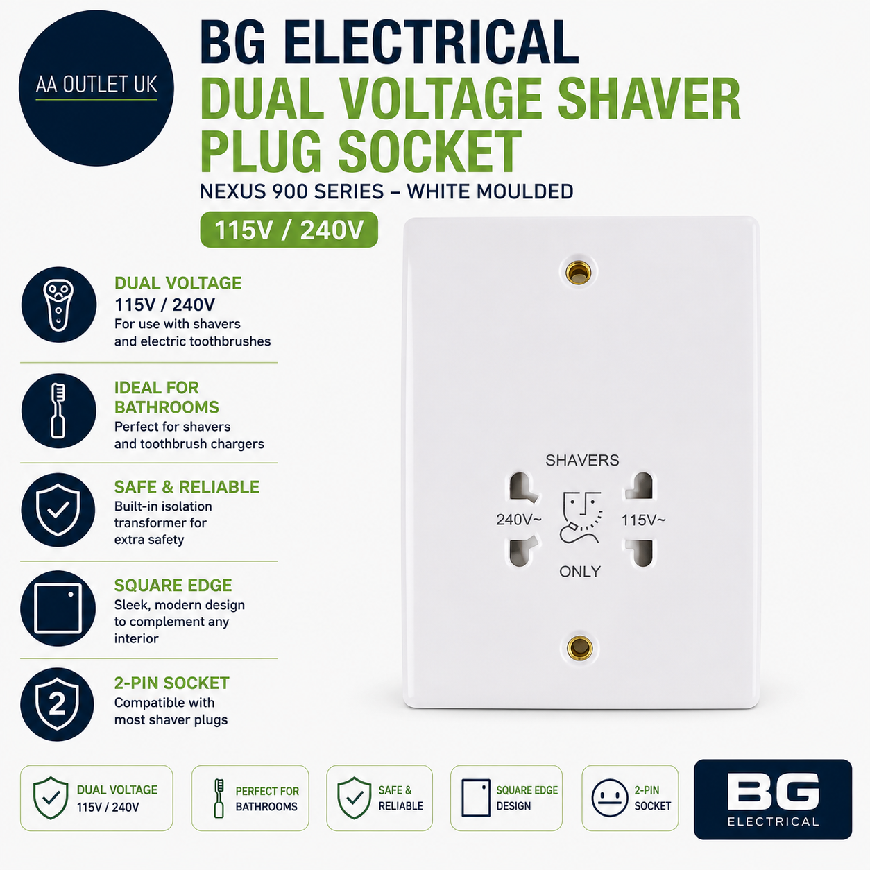 BG Electrical Dual Voltage Shaver Plug Socket Electric Toothbrush Charger