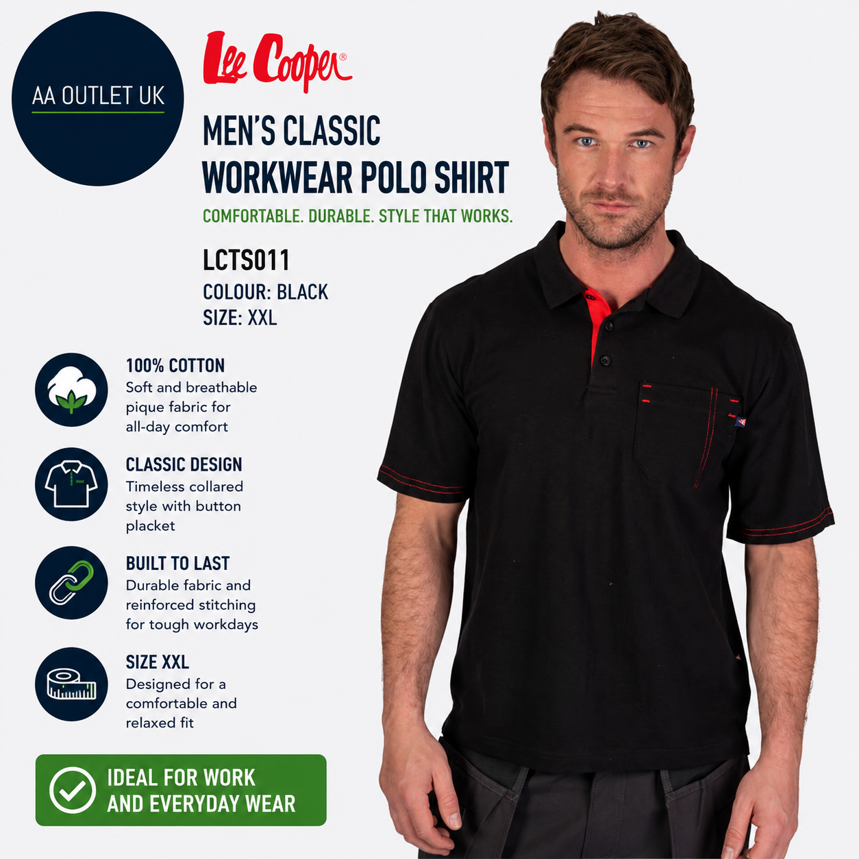 Lee Cooper LCTS011 Mens Classic Workwear Pique Collared Cotton Polo Shirt XXL
