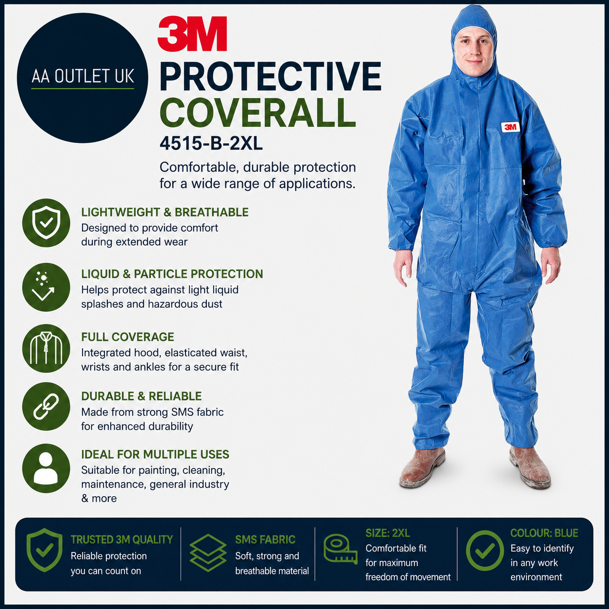 3M Protective Coverall Blue 4515B Polyester Dry Clean Only No Fur 2XL