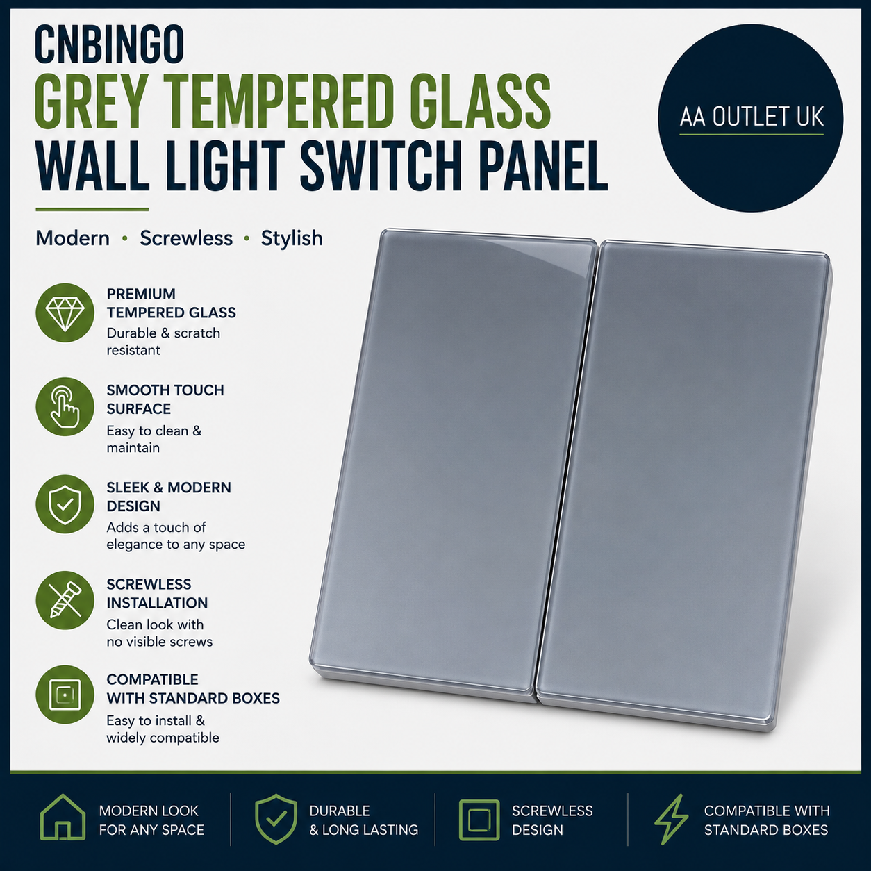 CNBINGO Grey Tempered Glass Wall Light Switch Socket Panel Modern Screwless